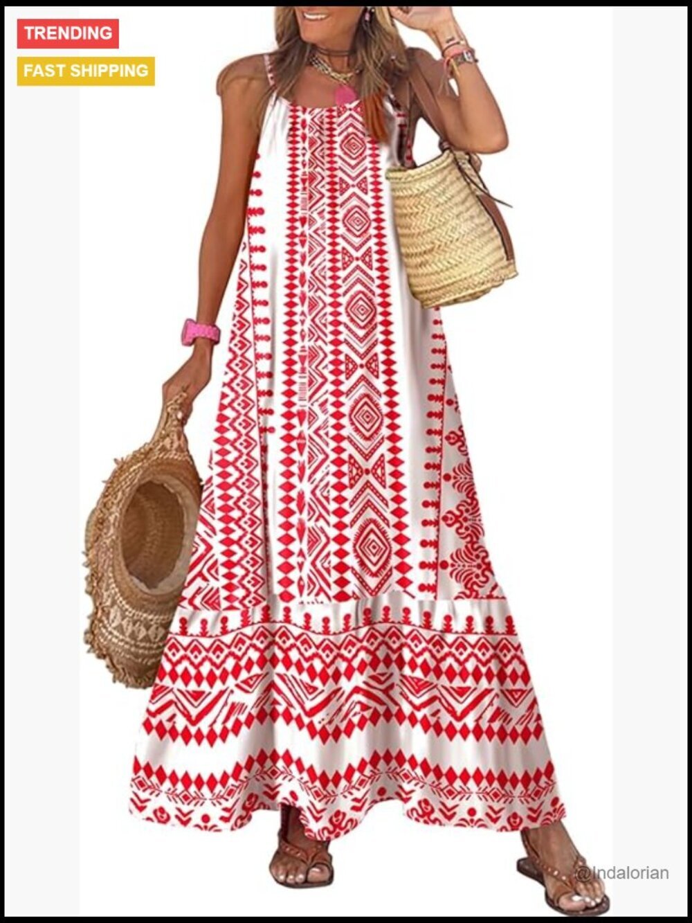 Spaghetti Strap Scoop Neck Smocked Ruffle Flowy Boho Maxi Dress